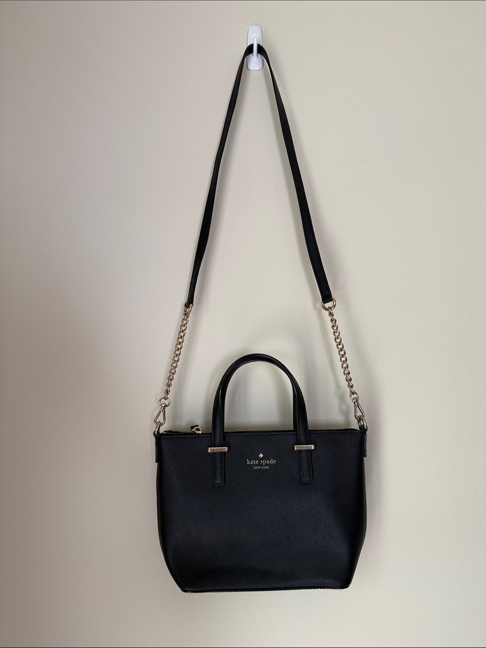 kate spade Black Saffiano Leather Mini Tote Gold Chain Strap Zipper Handbag